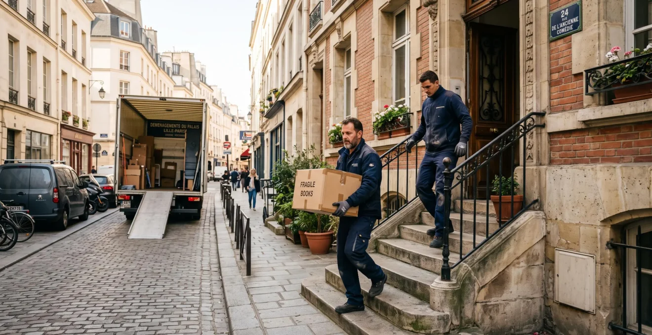 Deux déménageurs portent un carton devant une maison de ville française.