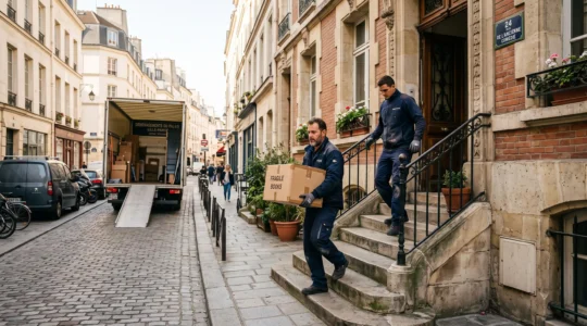 Deux déménageurs portent un carton devant une maison de ville française.