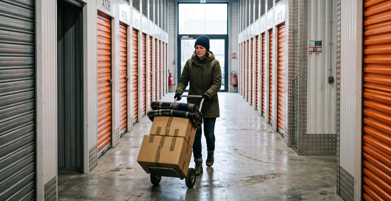Une femme pousse un diable chargé de cartons dans le couloir d'un centre de self-storage.
