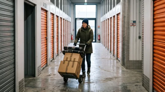 Une femme pousse un diable chargé de cartons dans le couloir d'un centre de self-storage.