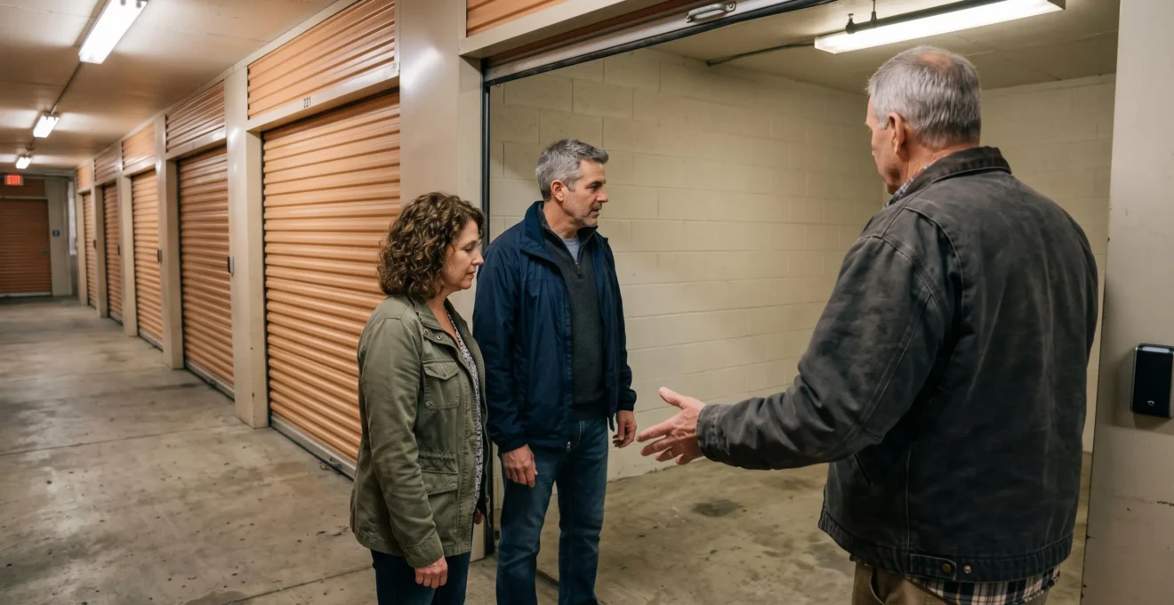 Un gestionnaire présente un box vide à un couple dans un couloir de self-storage.