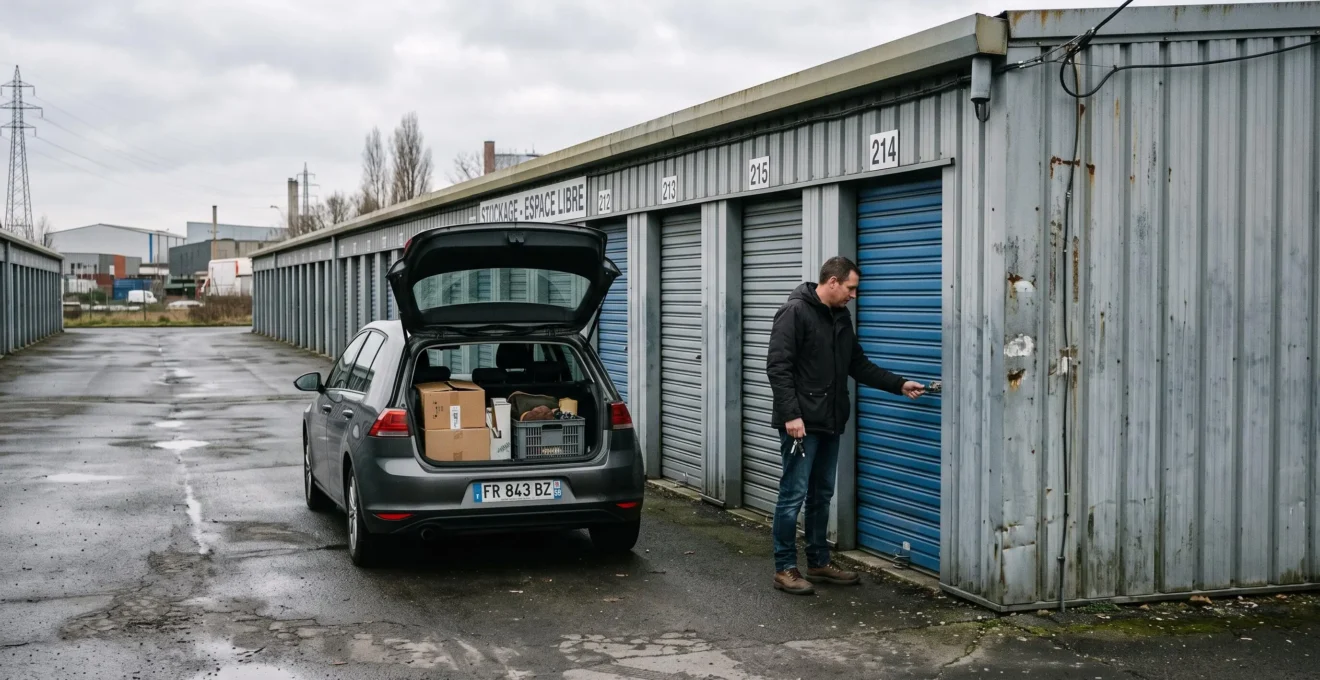 Un homme ouvre la porte d'un box individuel devant un bâtiment de self-storage en périphérie urbaine.