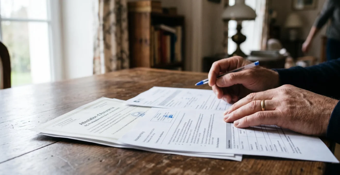Des mains vérifient les documents d'un déménageur sur une table en bois.